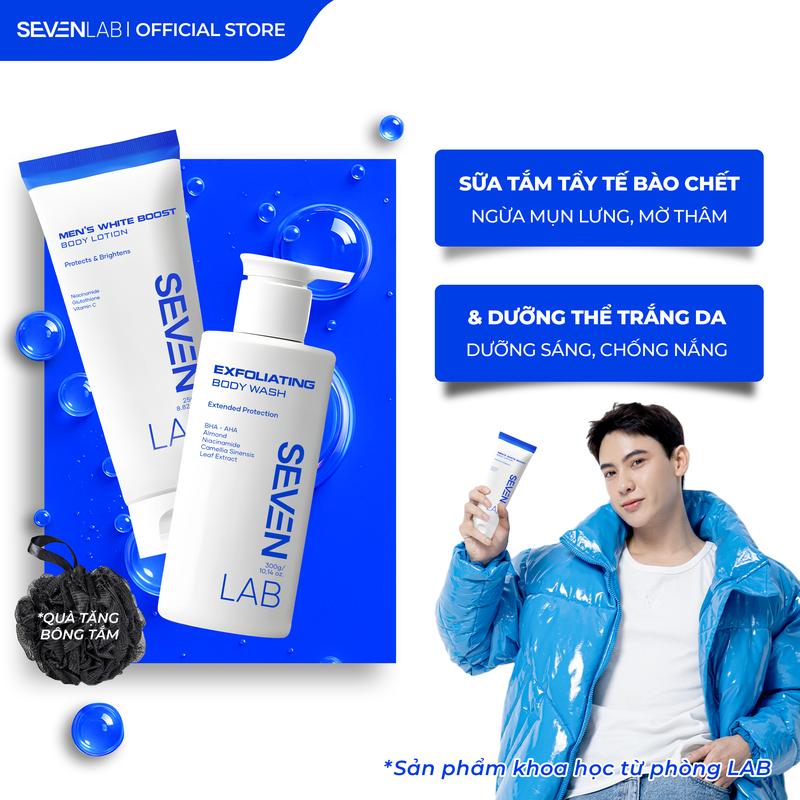 Combo sữa tắm tẩy tế bào chết và dưỡng thể trắng da nam SEVENLAB giúp ngăn ngừa mụn cơ thể, mờ thâm, đều màu, sáng da