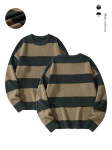 Suéter de cuello redondo con estampado de rayas para hombre, corte regular, manga larga, ideal para otoño e invierno, suéter de punto para uso diario, atuendo para salir