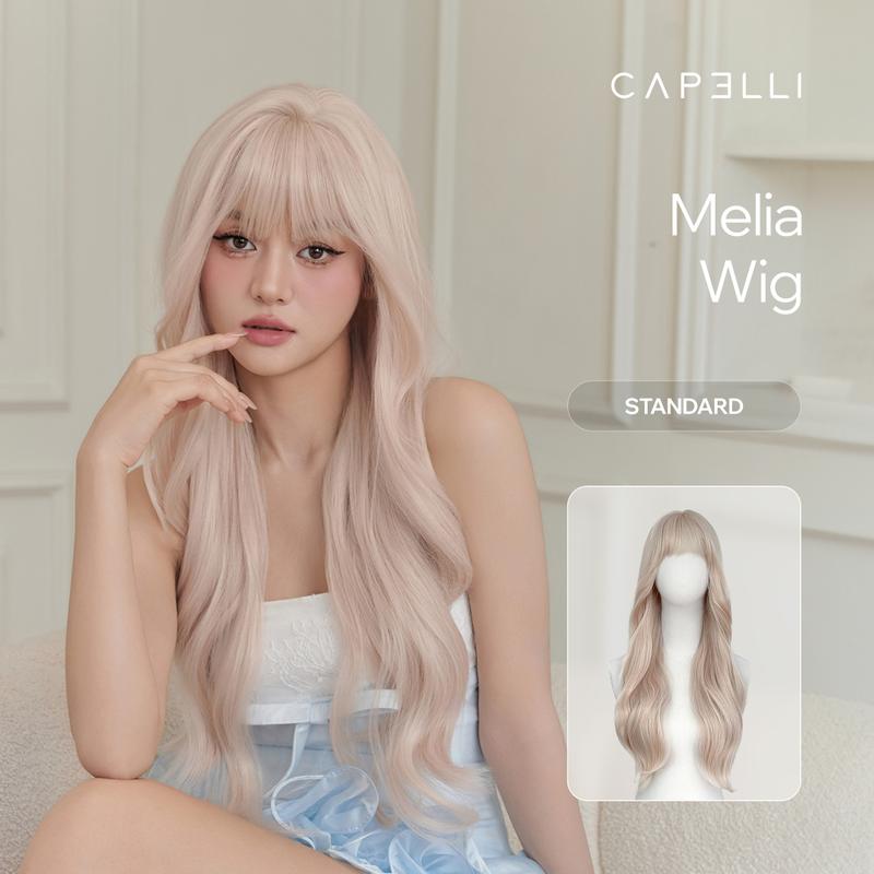  Tóc Giả Nguyên Đầu CAPELLI Xoăn Lơi Mái Thưa Bạch Kim Ánh Hồng Melia Wig 