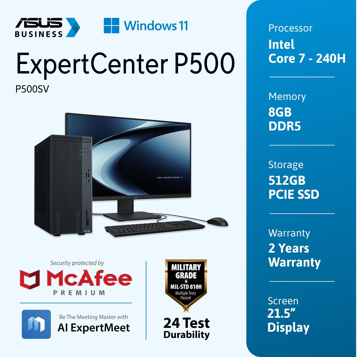 ASUS ExpertCenter P500 [P500SV-7850182WS] 8L/Intel 7-240H/DDR5 8G/512G PCIe SSD/Win 11 Home + M365/2YOSS (1YADP)/180W 80+ Platinum PSU  (21.5" monitor/WiFi 6/USB KB/Mouse/Mcafee 1Y/HDD Kit