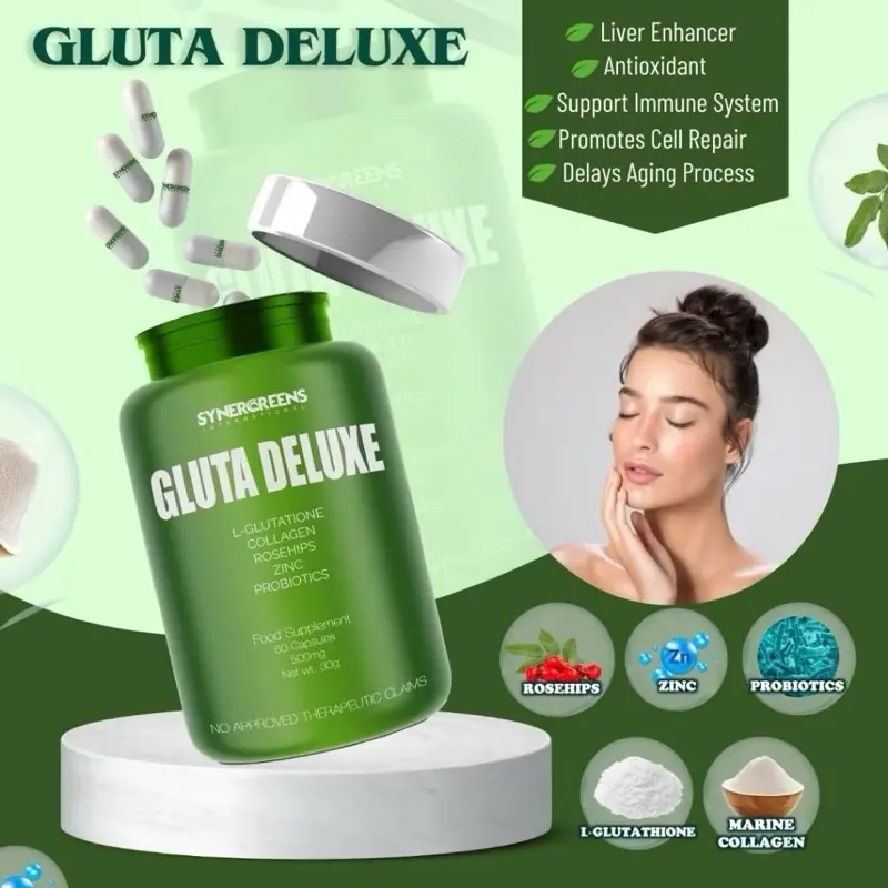 SYNERGREENS GLUTA DELUXE L-GLUTATHIONE+COLLAGEN+ROSEHIPS+PROBIOTICS (60  Capsules)