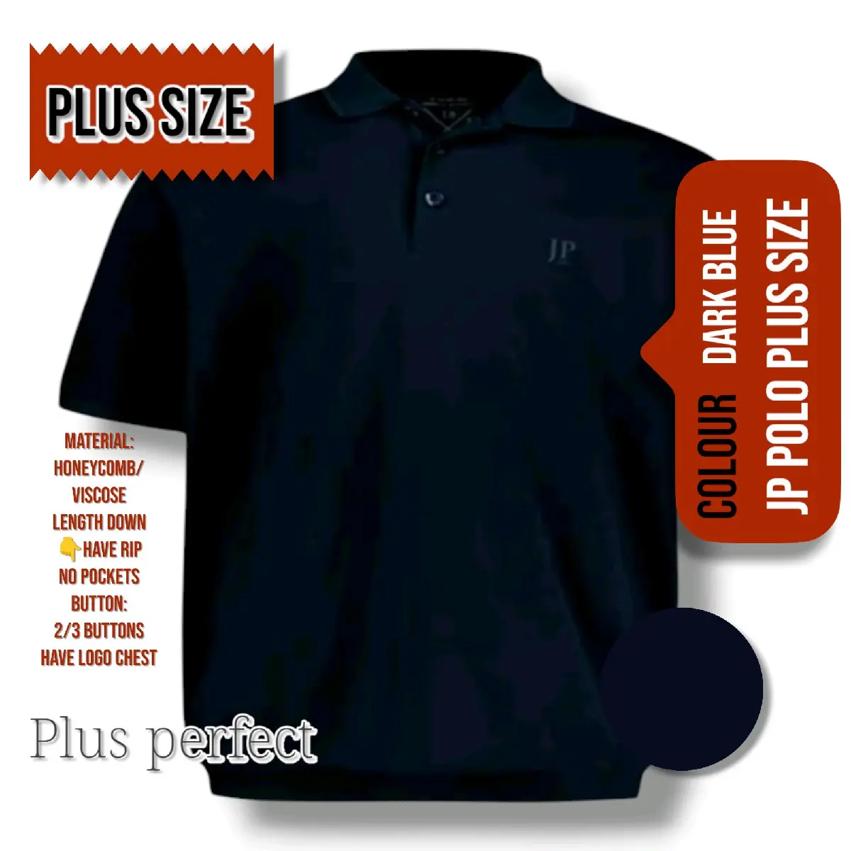 plus size men's polo t-shirt with 3 Buttons no pockets have jp logo in a chest