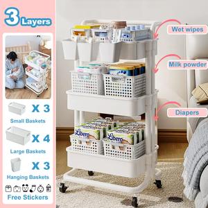 Baby Trolley Cart Organizer with Basket Metal Utility Cart for Newborn Nursery Essentials Racks Waterproof Decoration Hanging Installation Movable Pack Shelf