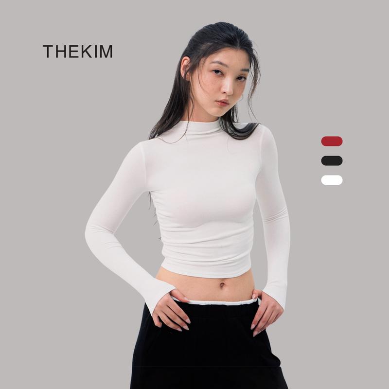  THEKIM Áo croptop dài tay len tăm lông giũ nhiệt  áo dài tay cổ cao nhún chun cạnh nữ A200 