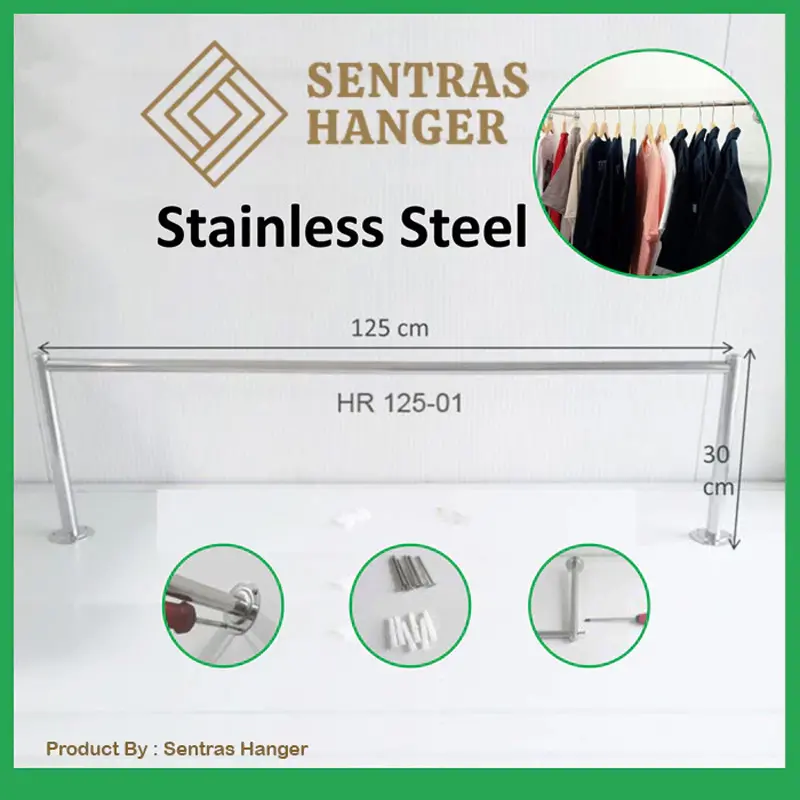 Gantungan Baju Klasik Stainless Steel 125 cm, 1 Baris Tempel Dinding Anti Karat Hanger 1