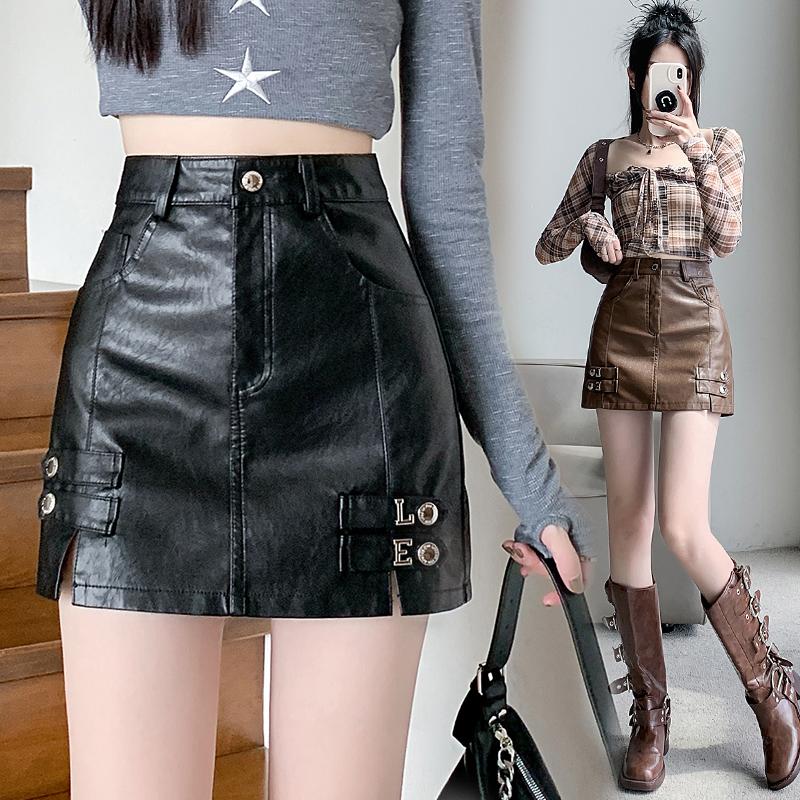 Chân Váy Da PU Màu Đen, DL, Cạp Cao, Chân Váy Ngắn Xẻ Tà, Chữ A, Cỡ Nhỏ Và Mỏng, Chân Váy Dài Nửa, Dành Cho Nữ, Thích Hợp Cho Mùa Thu Và Mùa Đông, Hàng Mới Về 2025