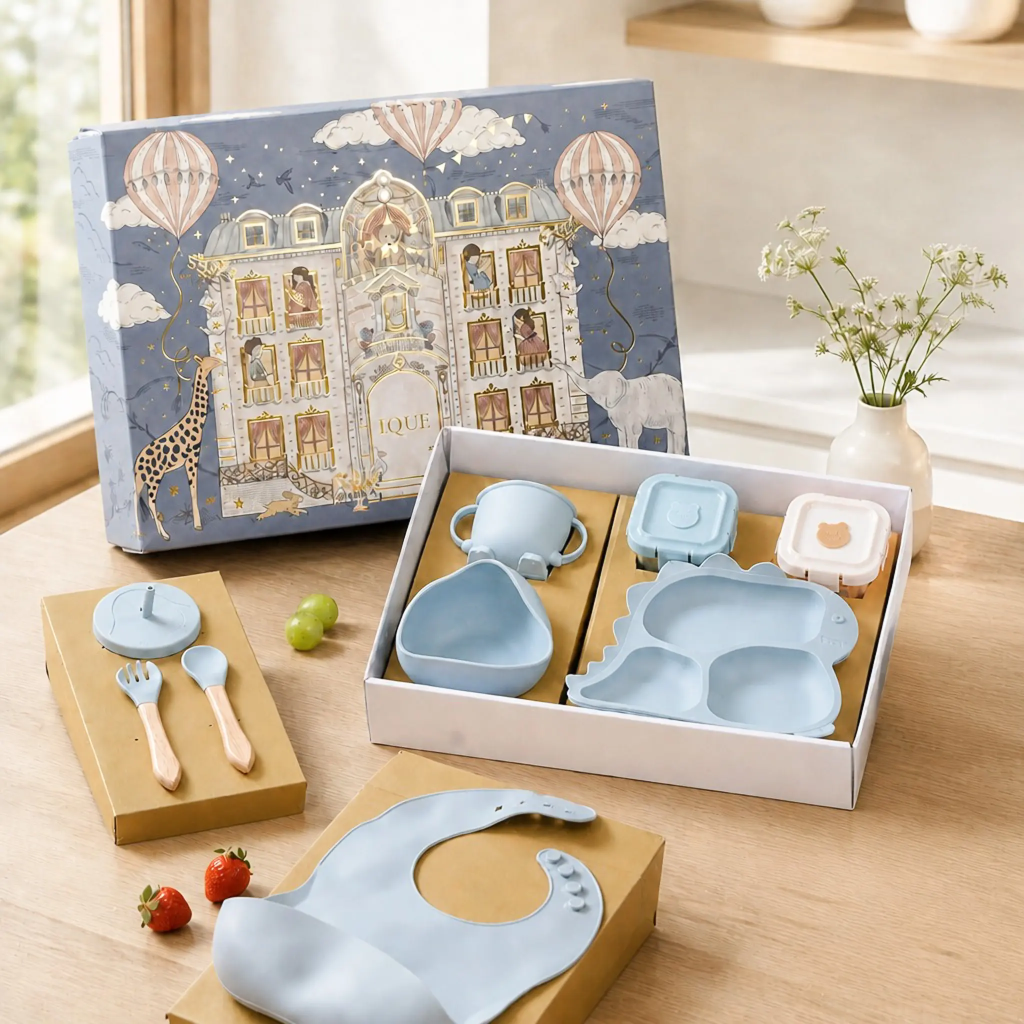 IQUE Hampers Bayi Baby Gift Kado Lahiran Parcel MPASI Peralatan Makan Silicone Feeding Set 8 in 1 BPA Free