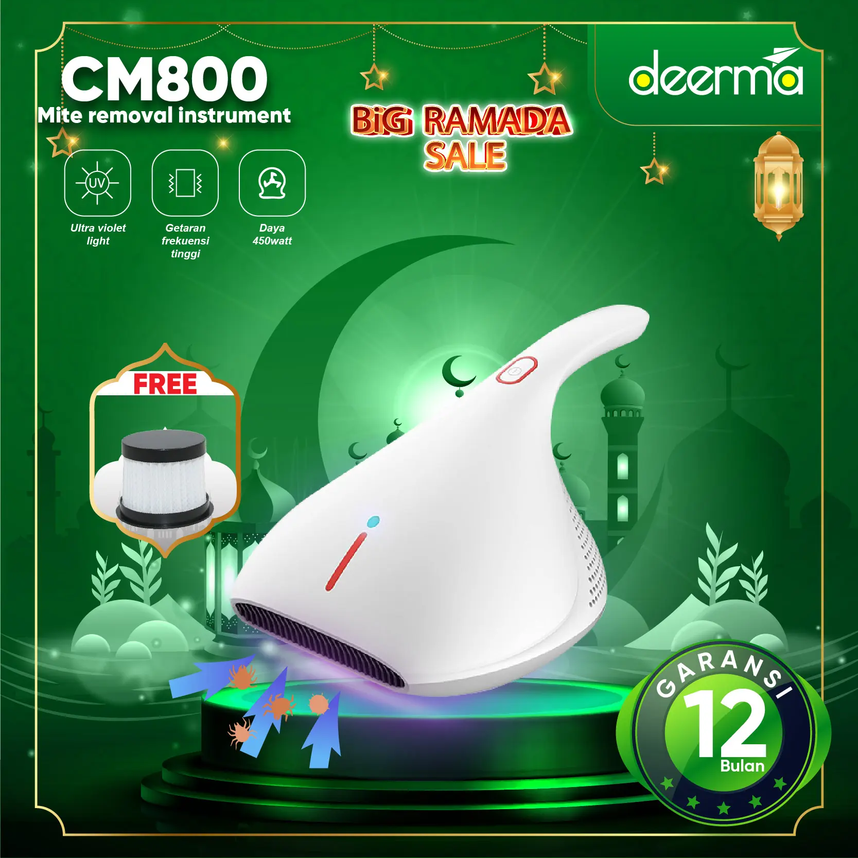 【COD】Deerma CM800 13kPa Electric Anti-dust Mites Remover Instrument Vacum Cleaner Penyedot Debu With UV