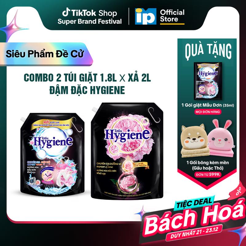  Combo Túi Nước giặt Đậm Đặc Hygiene 1.8L x Nước Xả Vải Đậm Đặc Hygiene 2L 2.2L - Hương Hoa Mẫu Đơn 