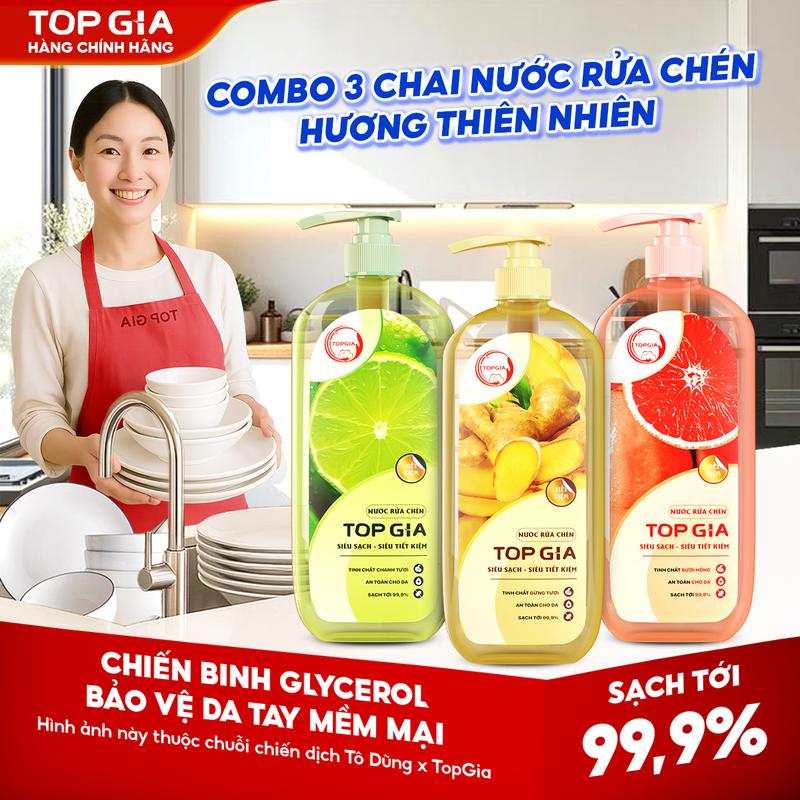 CHAI LỚN TIẾT KIỆM COMBO 3 Chai Nước Rửa Chén TOPGIA 3kg Mùi Chanh Bưởi Và Gừng Làm Sạch Dầu Mỡ Và Vết Bẩn An Toàn Cho Da Không Làm Khô Tay RC
