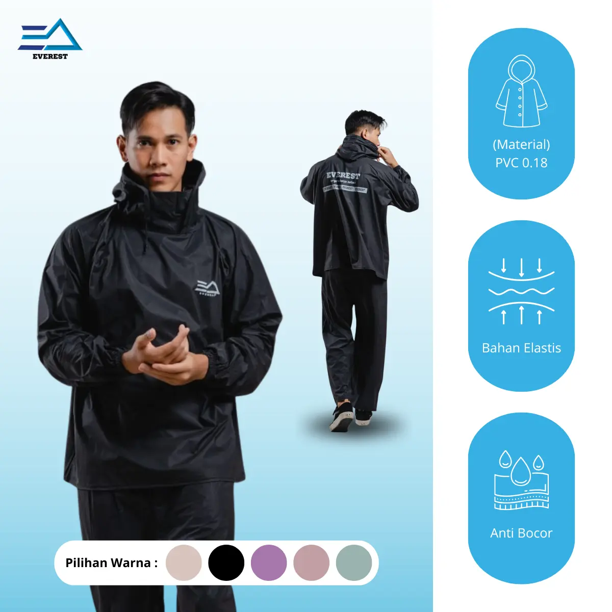 EVEREST OFFICIAL - Mantel Hujan Hoodie - Jas Hujan Hoodie Bahan PVC Karet Tebal Anti Bocor Pria dan Wanita