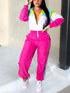 Mono para mujer con capucha y bloques de color, bolsillos con cremallera, cintura elástica, estilo casual ajustado, mono ligero tipo cortavientos