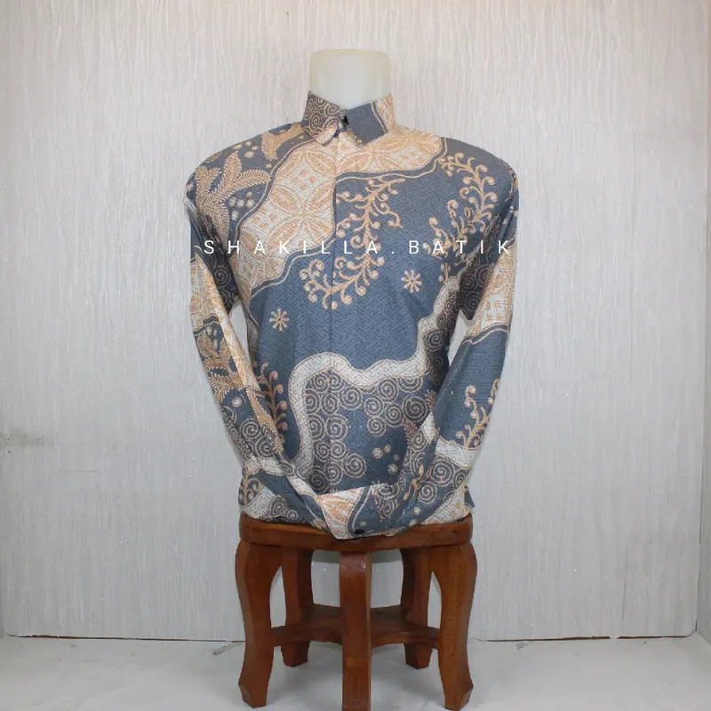 SH38.Kemeja Batik Pria lengan Panjang Couple Ayah dan Anak Bahan Katun premium Lapis Furing Warna Abu Abu Cream 1