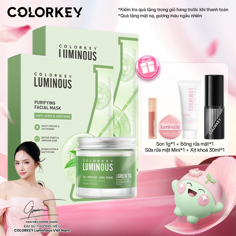   EX-TUN PHẠM  COMBO 2 HỘP Mặt Nạ Giấy Trà Xanh Hỗ Trợ Ngăn Ngừa Mụn COLORKEY LUMINOUS 10 miếng hộp + 1 Hộp Mặt Nạ Kem Bùn Trà Xanh 60g 