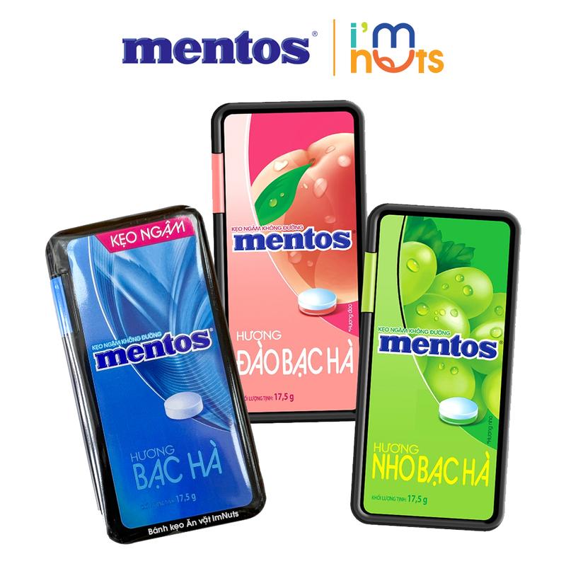 Combo 3 Hộp Kẹo Ngậm Không Đường Mentos Hương Đào Nho Bạc Hà Hộp Nhỏ Tiện Lợi