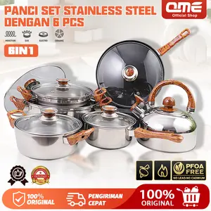 QME - Panci Set Stainless Steel 6 PCS Dengan Teko Stainless Panci Serbaguna - Kitchenware Kaca Kayu Masak Penggorengan