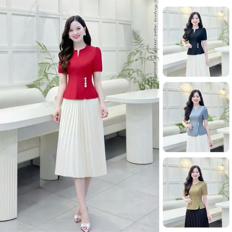 Áo lẻ nữ KHÔNG KÈM VÁY thiết kế Nhật Vy cổ tròn Kiểu tay ngắn Dáng basic xẻ tà bigsize chất lụa công sở văn phòng dự tiệc quà tặng vợ mẹ màu trắng nâu xám đen - DA3397