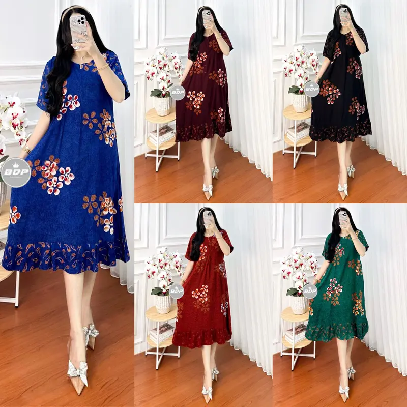 Terbaru | Daster Maura Wanita Kekinian Lengan Pendek Rayon Busui Resleting Depan - Daster Motif Terbaru - Baju Tidur Daster Katun Musim panas Bumil Batik Dress Panjang Belah Samping 5