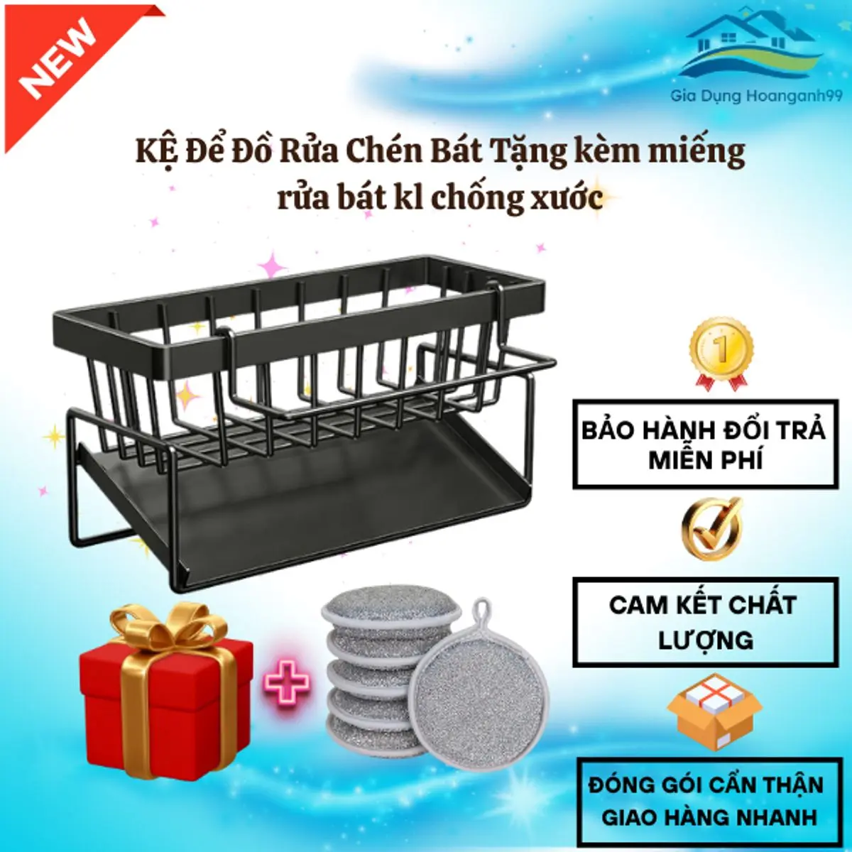 Kệ để đồ rửa chén bát, Giá đựnġ đồ rửa bát chất liệu thép không gỉ tích hợp giá treo khăn tiện lợi