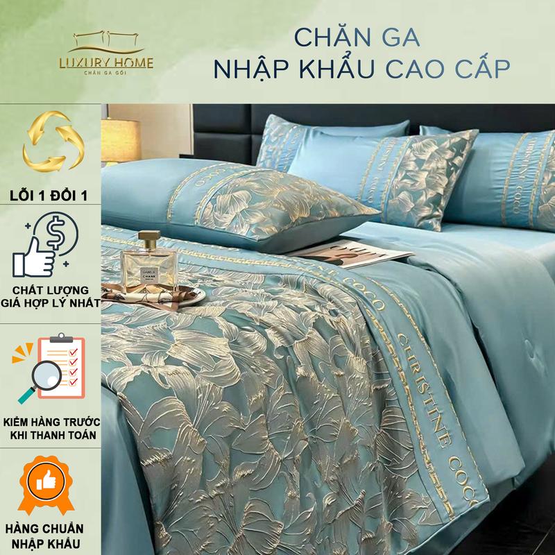 Bộ Chăn Ga Lụa Gấm Sang Trọng Họa Tiết Luxury Chăn Trần Combo 4 Món