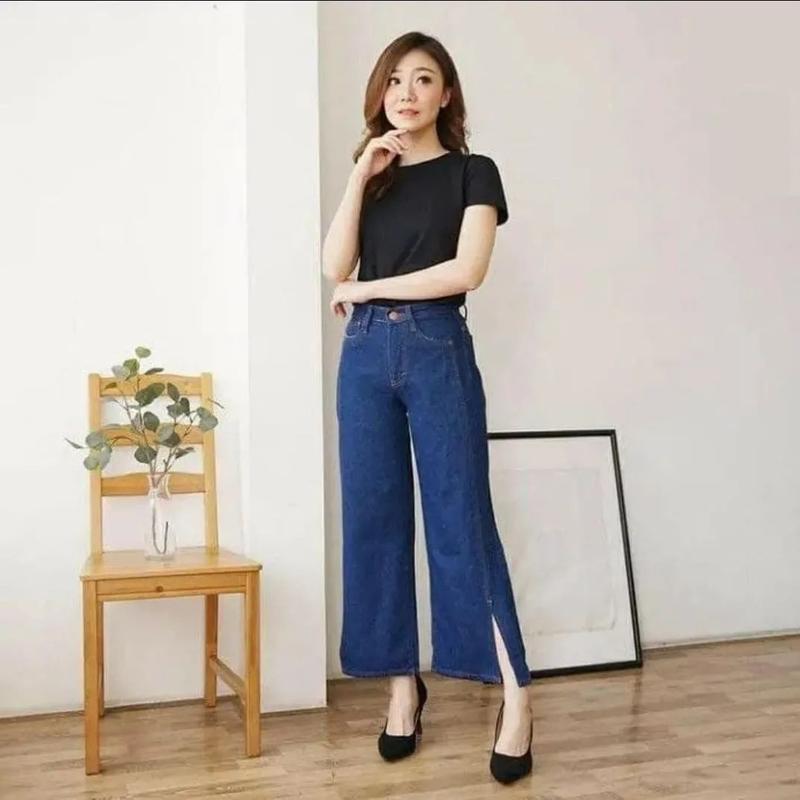 Product Introduction of Kulot Jeans Belah Samping Kulot Jeans Highwaist Eony Boyfriend Kantong Karet Celana Panjang Baggy 4