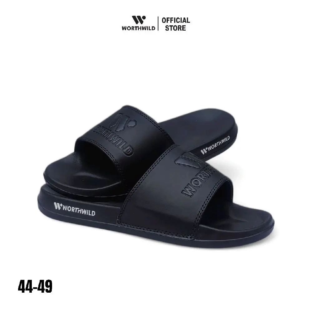 Worthwild - Shizu II Triple Black | Sandal Pria Jumbo | Slippers Men Big Size 47 48 49 | Sandal Slide Ukuran Besar 44 45 46 | Sandal Selop Big Karet