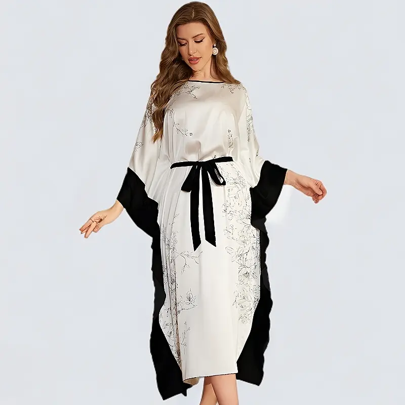 Long-sleeved long nightdress for women, silk pajamas.
