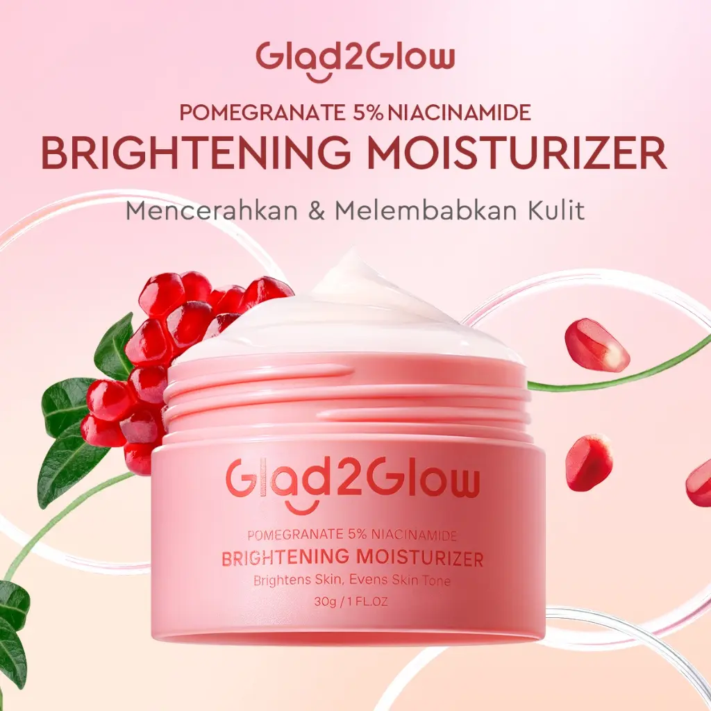 GLAD2GLOW Pomegranate 5% Niacinamide Brightening Moisturizer 30g - Mencerahkan dan Meratakan Warna Kulit dengan Ekstrak Pomegranate dan Menghilangkan Noda Hitam