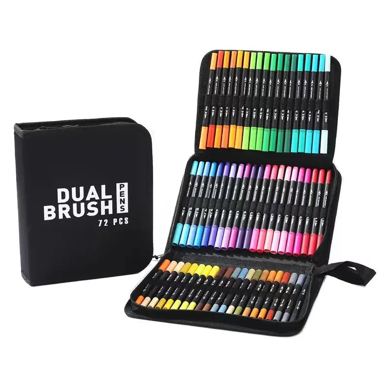 72 Dual Tip Art Marker Set Vibrant Watercolor Fineliner & Brush Pens - Durable Case with Zipper - Soft Tips for Coloring