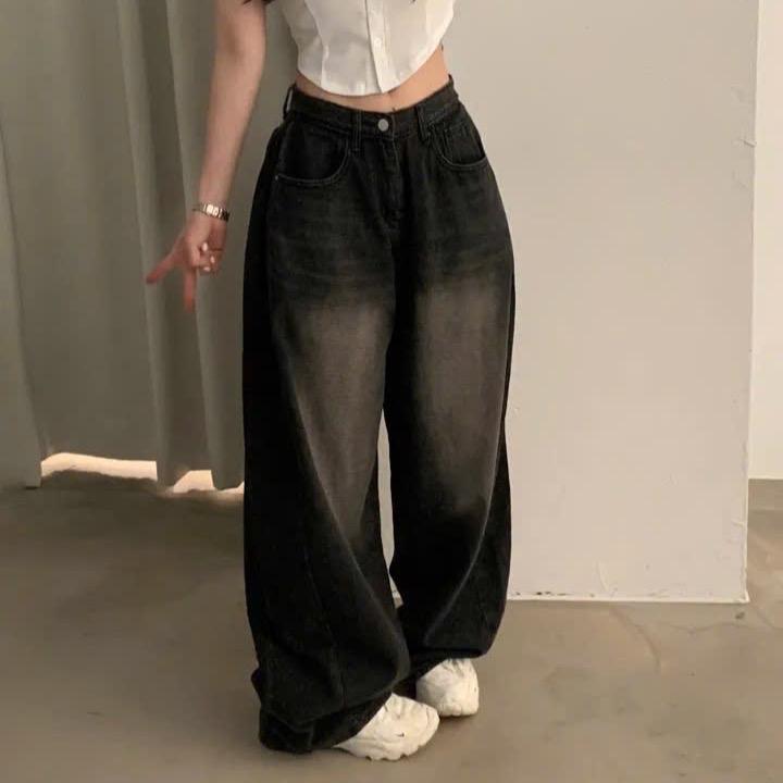Quần jeans suông nhún hông 3 màu lưng cao dáng basic phong cách đường phố loe bò xanh ống rộng Nữ Women 7