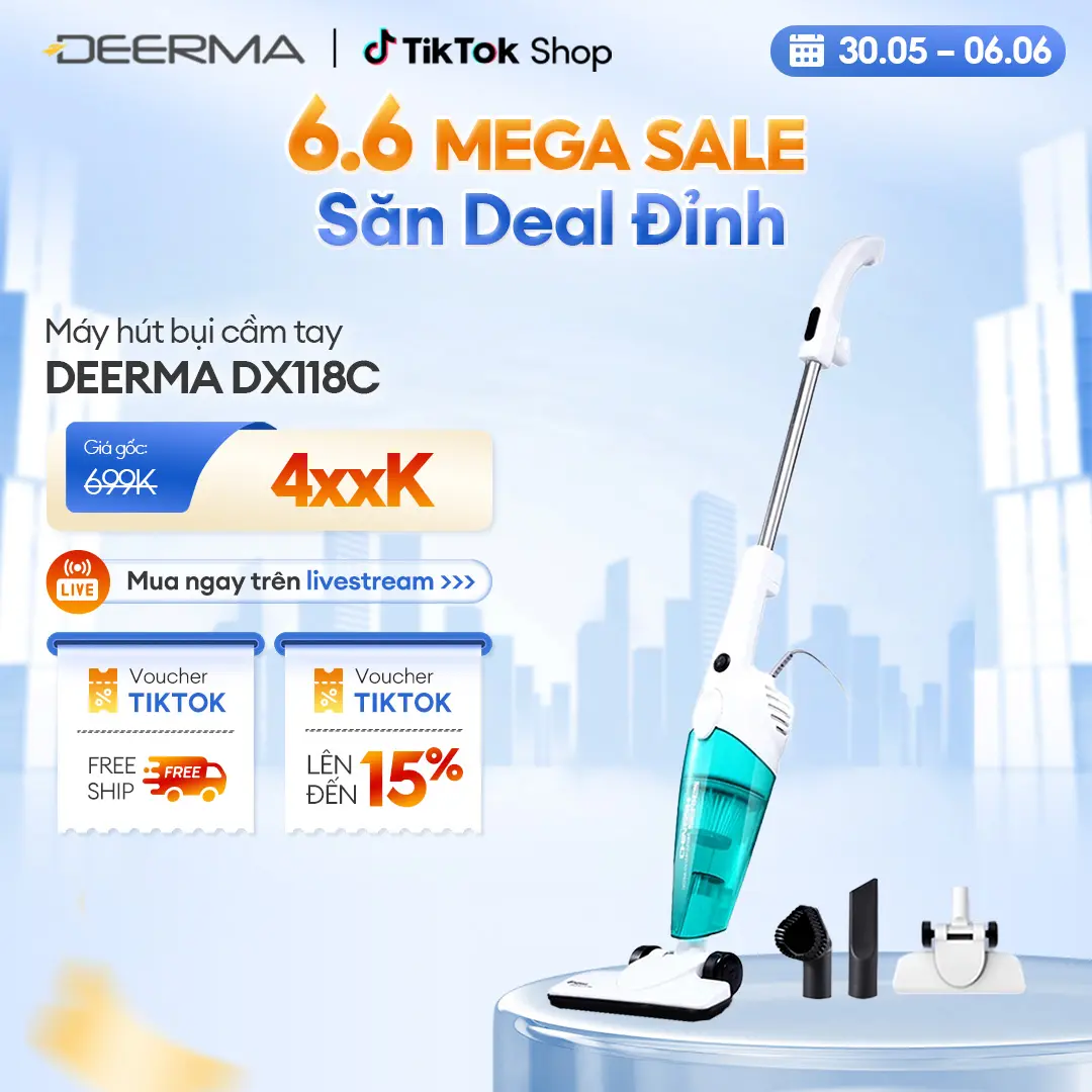 Máy hút bụi cầm tay Deerma DX118C kèm 3 đầu hút đa năng và 1 lõi lọc làm sạch - Bảo hành 12 tháng