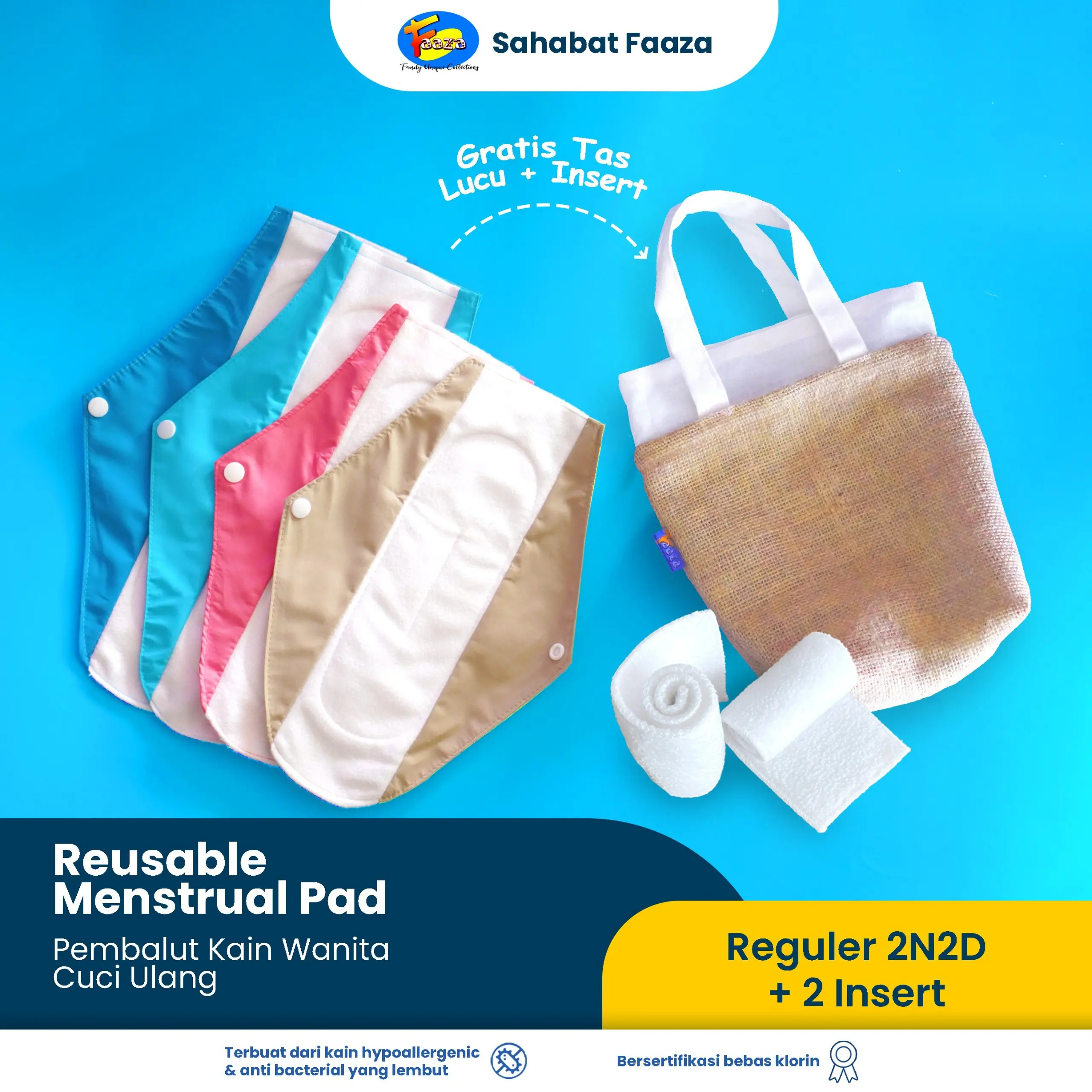 Faaza Pembalut Kain Cuci Ulang Reguler + Insert anti bocor 4 pcs menspad kesehatan Kering Perempuan