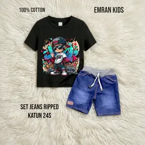Emran kids Baju setelan anak laki laki usia 1-8 tahun katun combed adem Fashion Celana Jeans Cowok Distro Motif Kaos katun adem