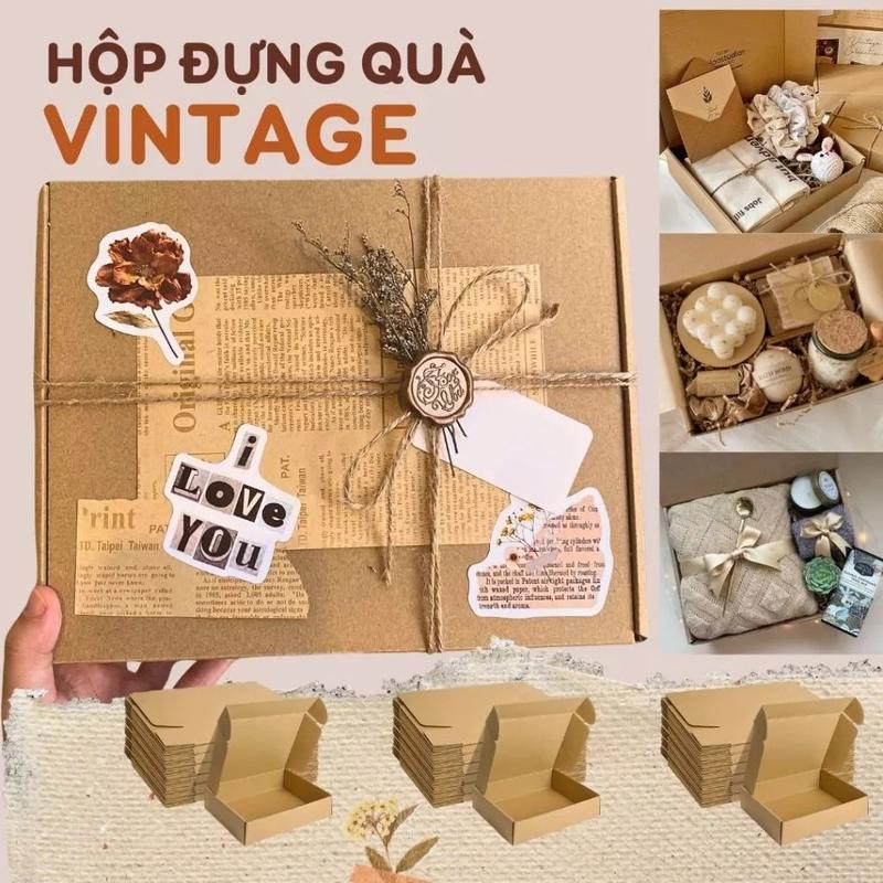 Hộp đựng quà kraft vintage sáng tạo C3 nhiều size kèm rơm lót dây gai sticker đựng quà sinh nhật quà giáng sinh Happy birds