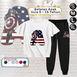 Baju Setelan Anak Laki Laki - Pakaian Kaos dan Celana Fashion Anak Cowok Usia 5-15 Tahun - Motif CAPTAIN AMERICA Putih