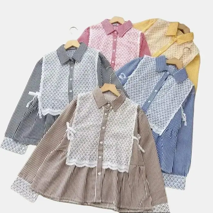 Kemeja Heritage Blouse Kekinian Motif Salur Mix Brukat Atasan Kemeja Wanita Kekinian Model Terbaru Panjang Casual Remaja Basic