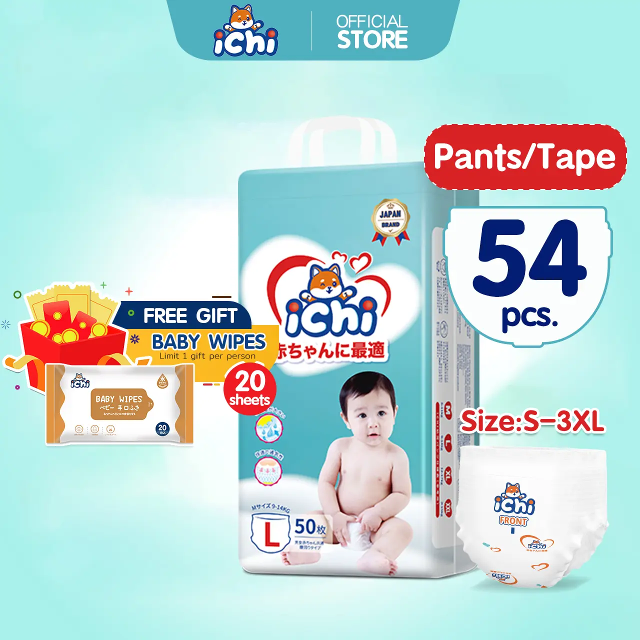【Buy 1 get 1 free baby wipes】ICHI baby diapers pull pants  Premium Diapers Tape S/M/L(50Pcs)/XXL/XXL/XXXL Japan baby diaper Newborn Babies Bayi Products Leakproof Lampin Jenis Seluar Lampin Berkualiti Tinggi Untuk