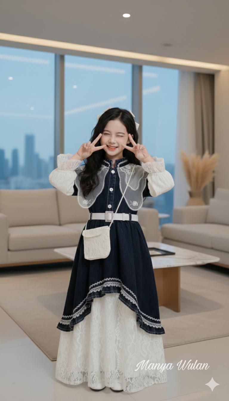 MW-SHOP - Gamis Jeans Organza Mix Brukat Anak Perempuan Free Belt + Tas / Baju Gamis Denim Raya Anak Orang Viral -  Fashion Raya Anak Model Korean Style