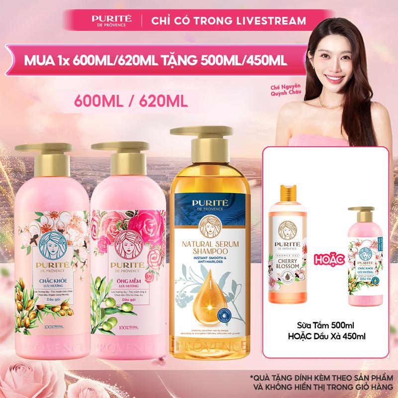 Combo Dầu Gội Purité Chắc Khỏe Lưu / Óng Mềm Lưu Hương / Serum Ngăn Gãy Rụng  600ML / 620ML + Tặng Dầu Xả Purité 450ML / Sữa Tắm Purité 500ML [K]