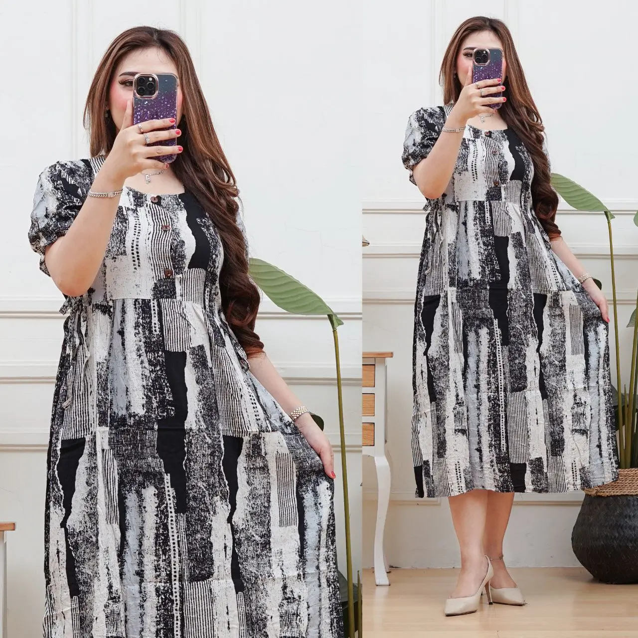 SALMAAULIA-DRESS CHERRY TALI KANAN KIRI BUSUI BUMIL KEKINIAN Dress Kancing Wanita Menyusui Rayon Lembut Lengan Hamil Ibu