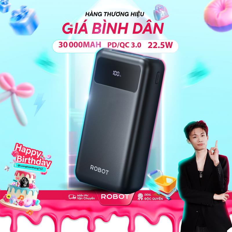 Deal Độc Quyền x LTT Pin Dự Phòng ROBOT RT32 Dung Lượng Cao 30.000mAh Sạc Nhanh PD QC 3.0 Công Suất 22.5W - 2 Cổng Sạc Vào 3 Cổng Sạc Ra