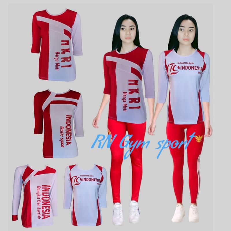 Product Introduction of baju kaos senam wanita atasan olah raga merah putih bahan elastis 2