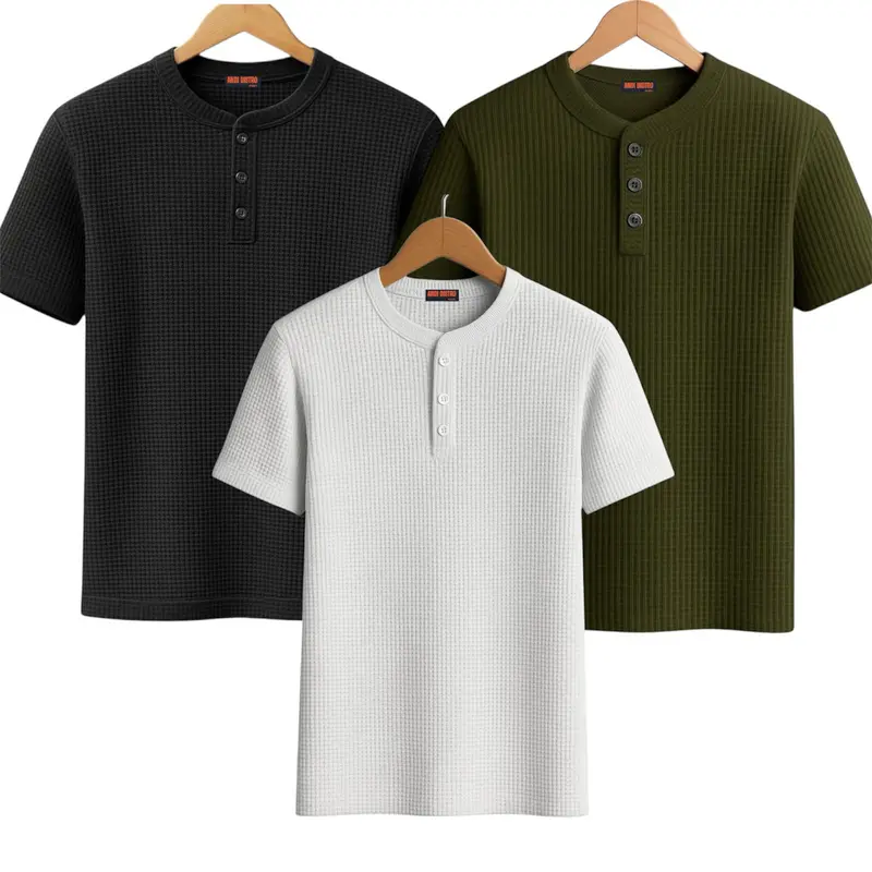 Paket 3 Pcs Kaos Pria Polos Waffle Kancing Shanghai Santai Crew Neck - Baju, Pendek 1