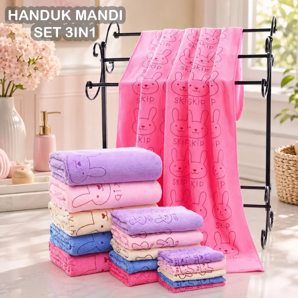 RG HANDUK MANDI SET 3IN1 Motif Kelinci Handuk Kain Anak Dewasa Isi 3pcs SI 3PCS 30x30cm 30X60cm 60X130cm Serbaguna