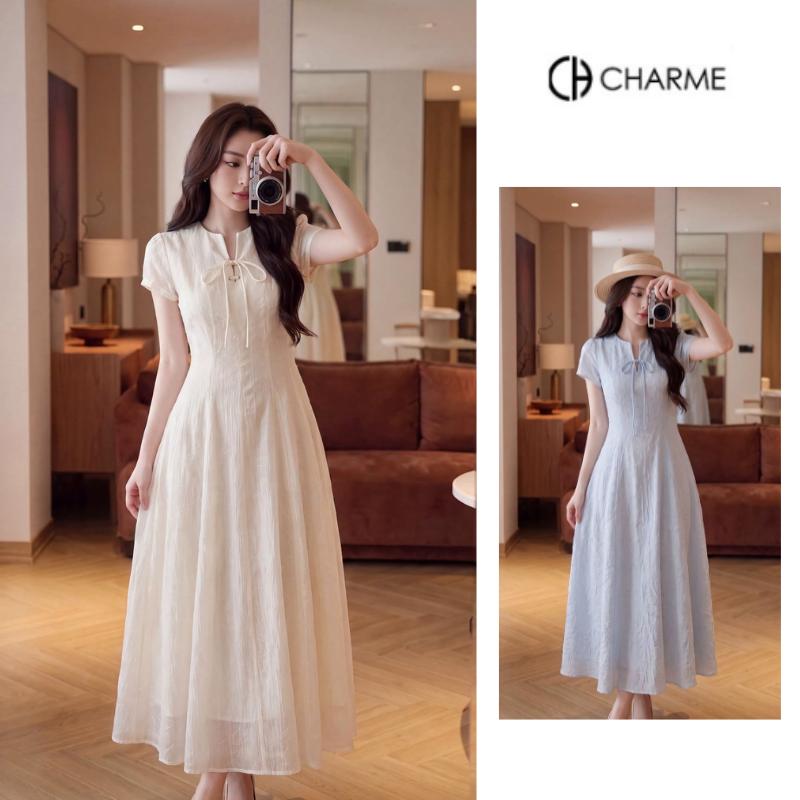 Váy dáng xoè cổ V thắt nơ thanh lịch dự tiệc Charme CH 609001