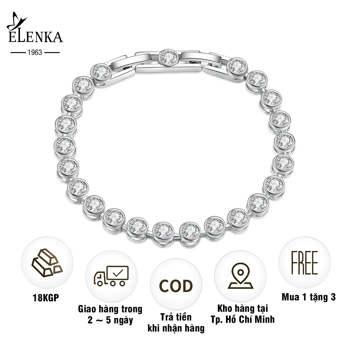 ELENKA - Vòng Tay Mạ Vàng 18K, Đầy Đủ Đá Zircon Cao Cấp, Móc Cài Snap Dành Cho Nữ