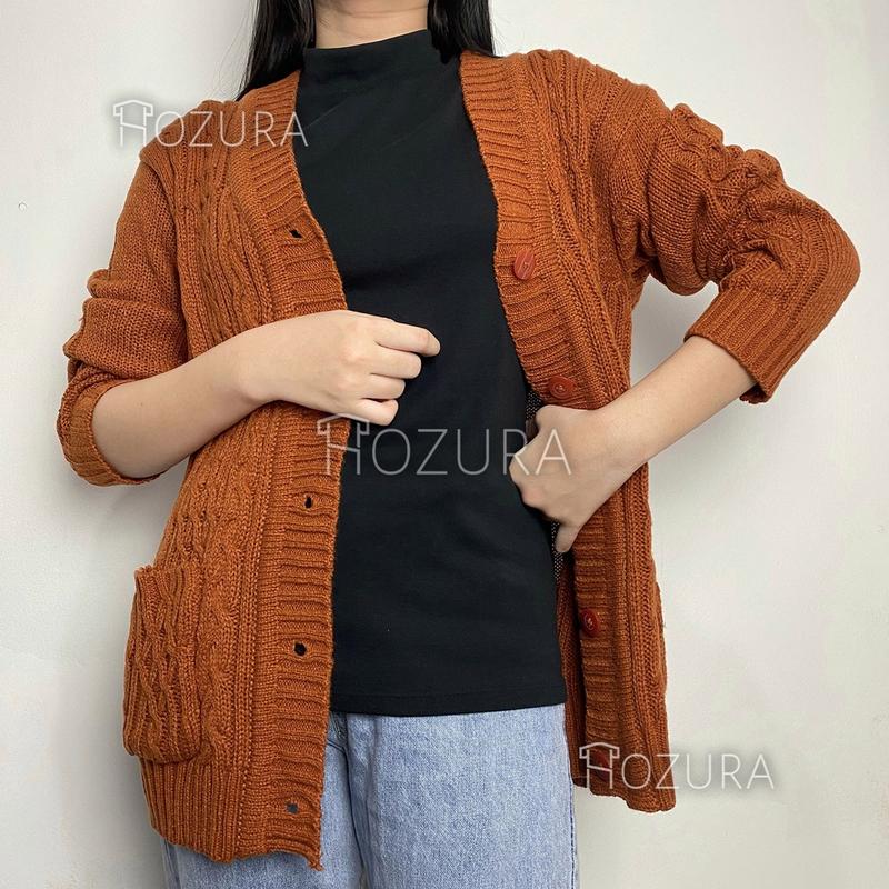 Hozura - Cardigan Sweater Rajut Wanita Lanna (Batta) - Cardigan Rajut Jumbo Oversize Tebal - Outer Wanita - Sweater Korean Style Kekinian Terbaru - CABLE CARDY kardigan rajut kepang jumbo wanita panjang cardigan kancing oversize tebal terbaru impor - 3