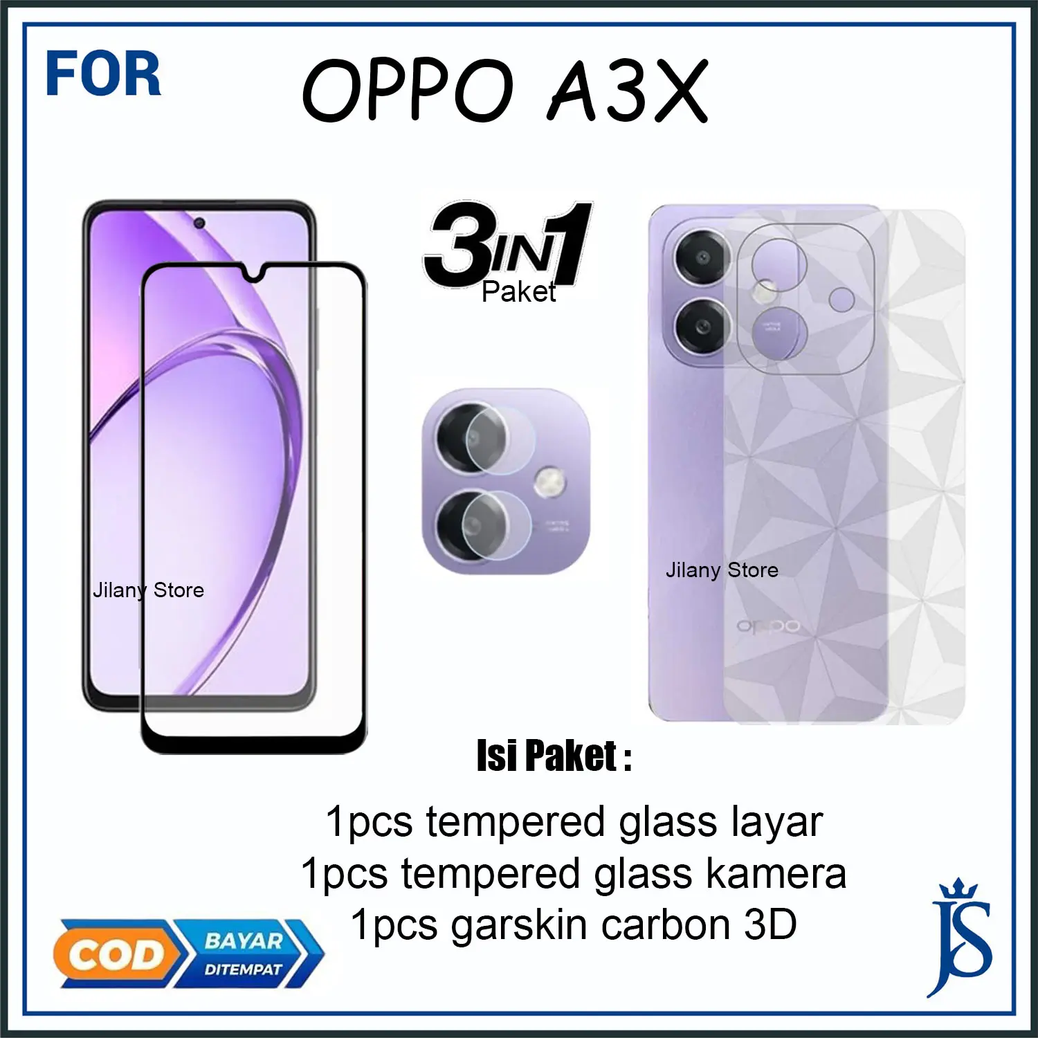 Paket 3IN1 Tempered Glass Oppo A3X Free Tg Camera + Garskin Karbon
