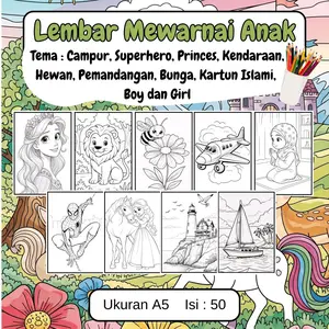 50 Lembar Mewarnai Anak Tema Campur Superhero Princes Kendaraan Hewan Pemandangan Bunga Kartun Islami Boy dan Girl Ukuran A5 Isi 50 Lembar