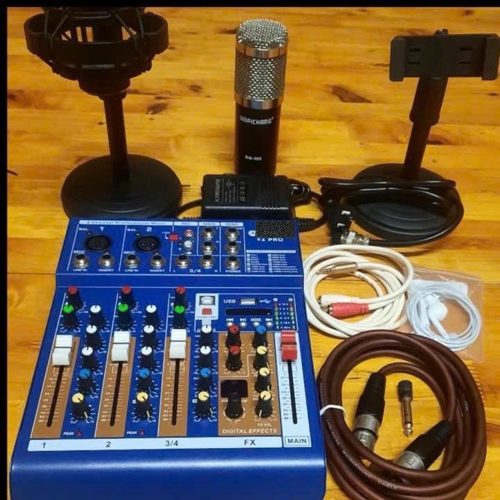  Bộ mic thu âm livestream Bm900 và Bàn trộn mixer F4 Pro kèm tai nghe,kẹp mic,kẹp điện thoại 